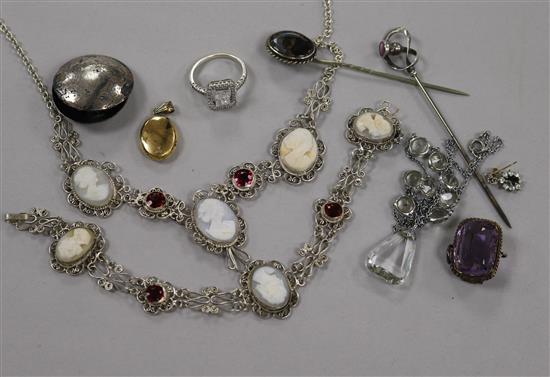 Mixed jewellery including a Charles Horner hat pin, a 9ct white gold ring etc.